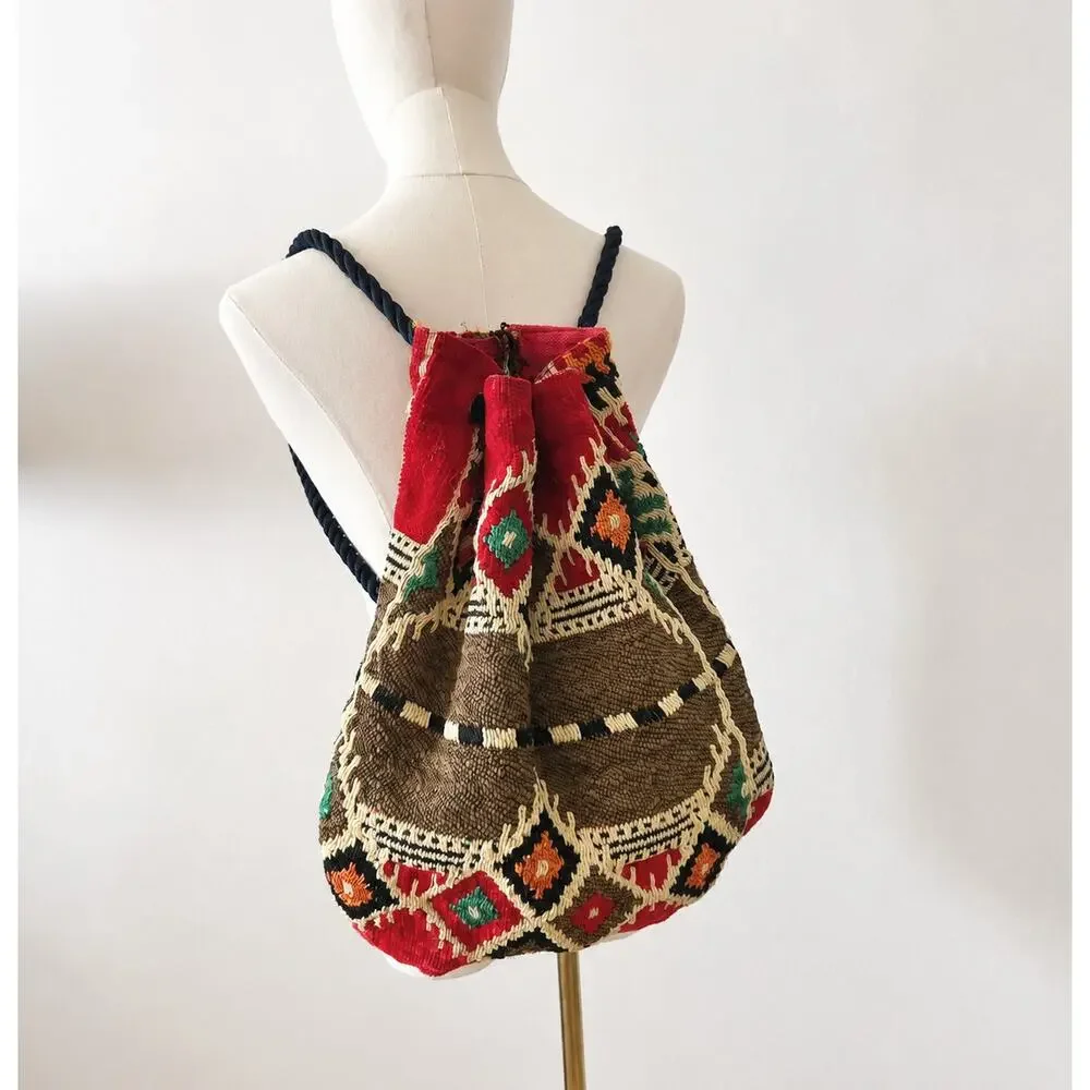 Vintage Kilim Tapestry Backpack Travel Bag Red Multicolor Drawstring Boho